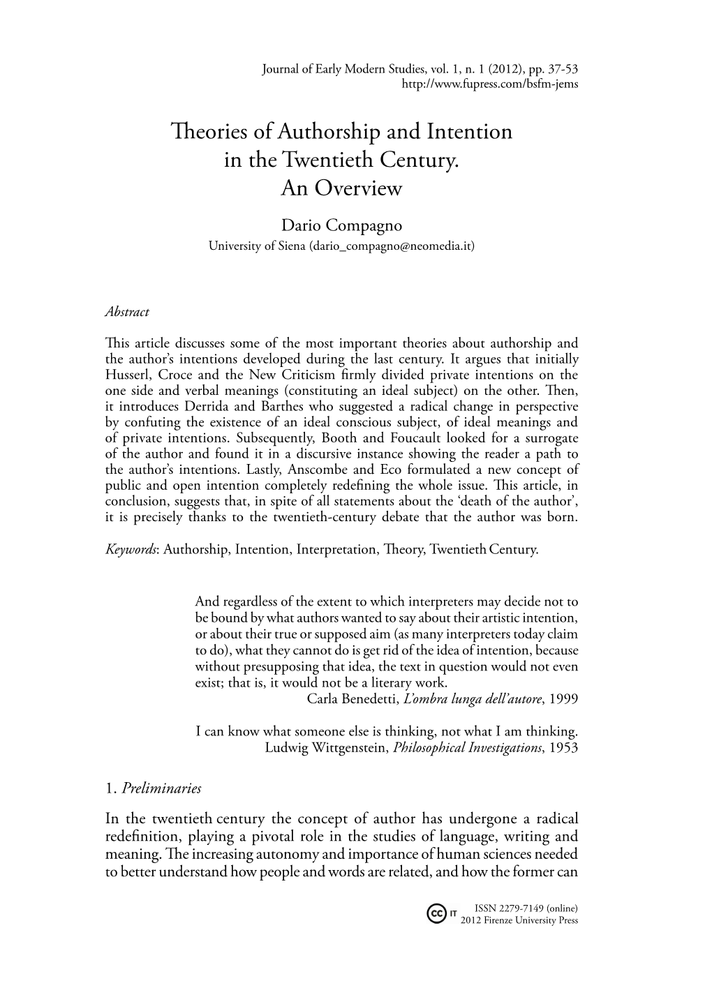 Theories of Authorship and Intention in the Twentieth Century. an Overview Dario Compagno University of Siena (Dario Compagno@Neomedia.It)