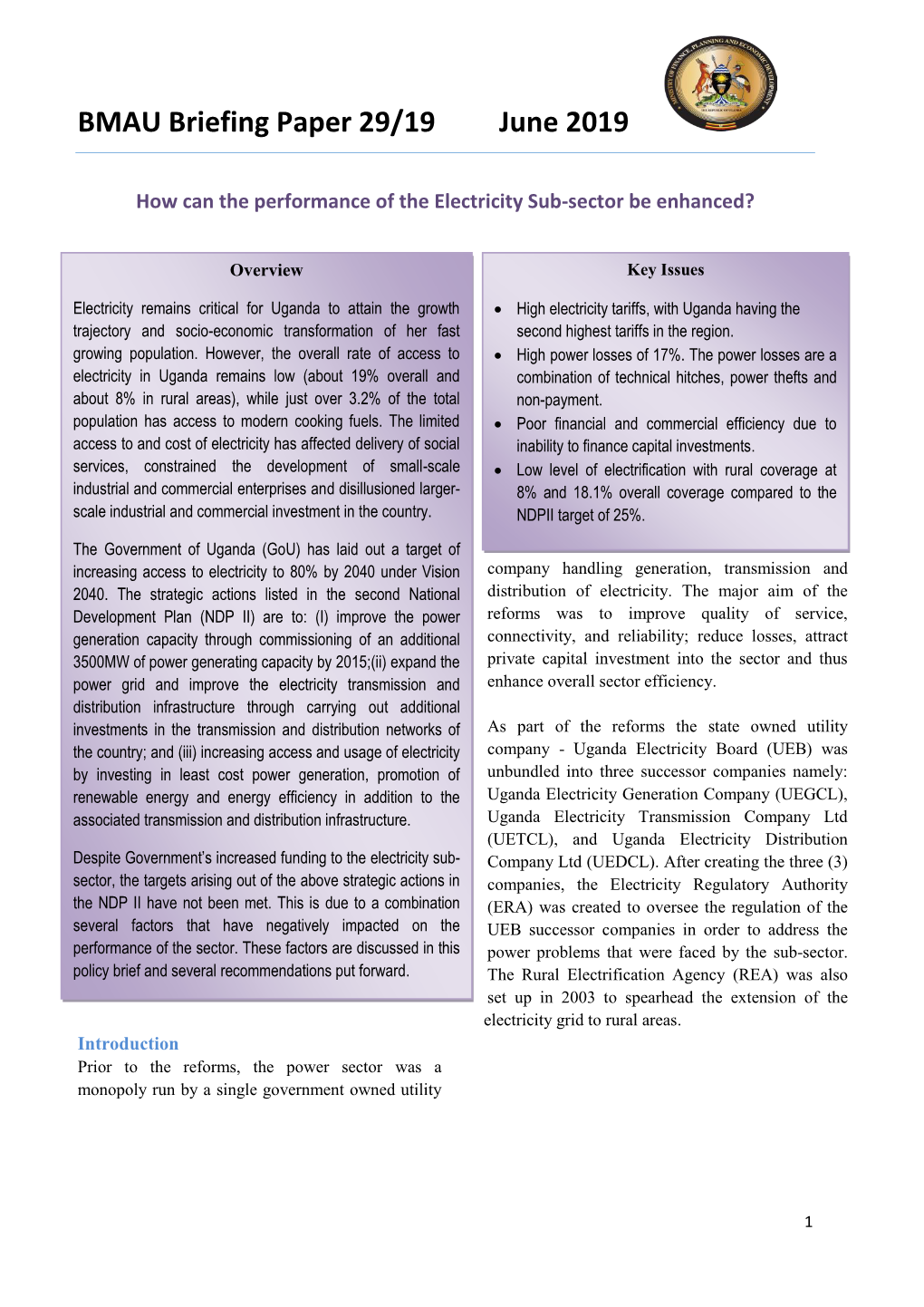 BMAU Briefing Paper 29/19 June 2019