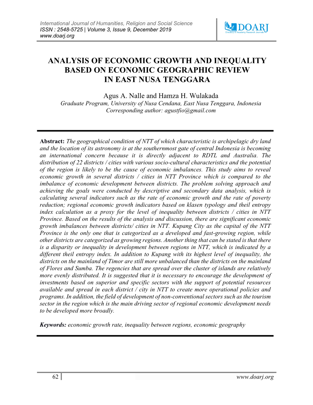 Analysis of Economic Growth and Inequality Based on Economic Geographic Review in East Nusa Tenggara