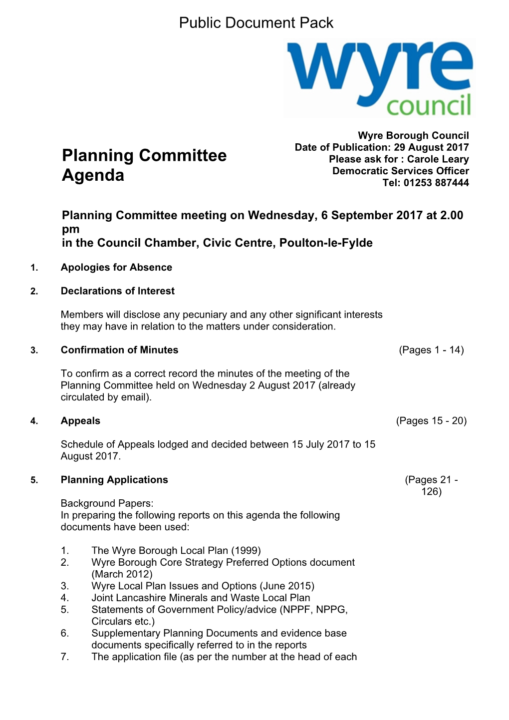 (Public Pack)Agenda Document for Planning Committee, 06/09/2017 14:00