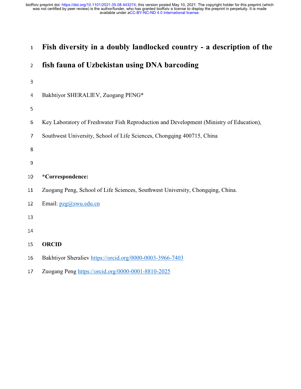 A Description of the Fish Fauna of Uzbekistan Using DNA Barcoding