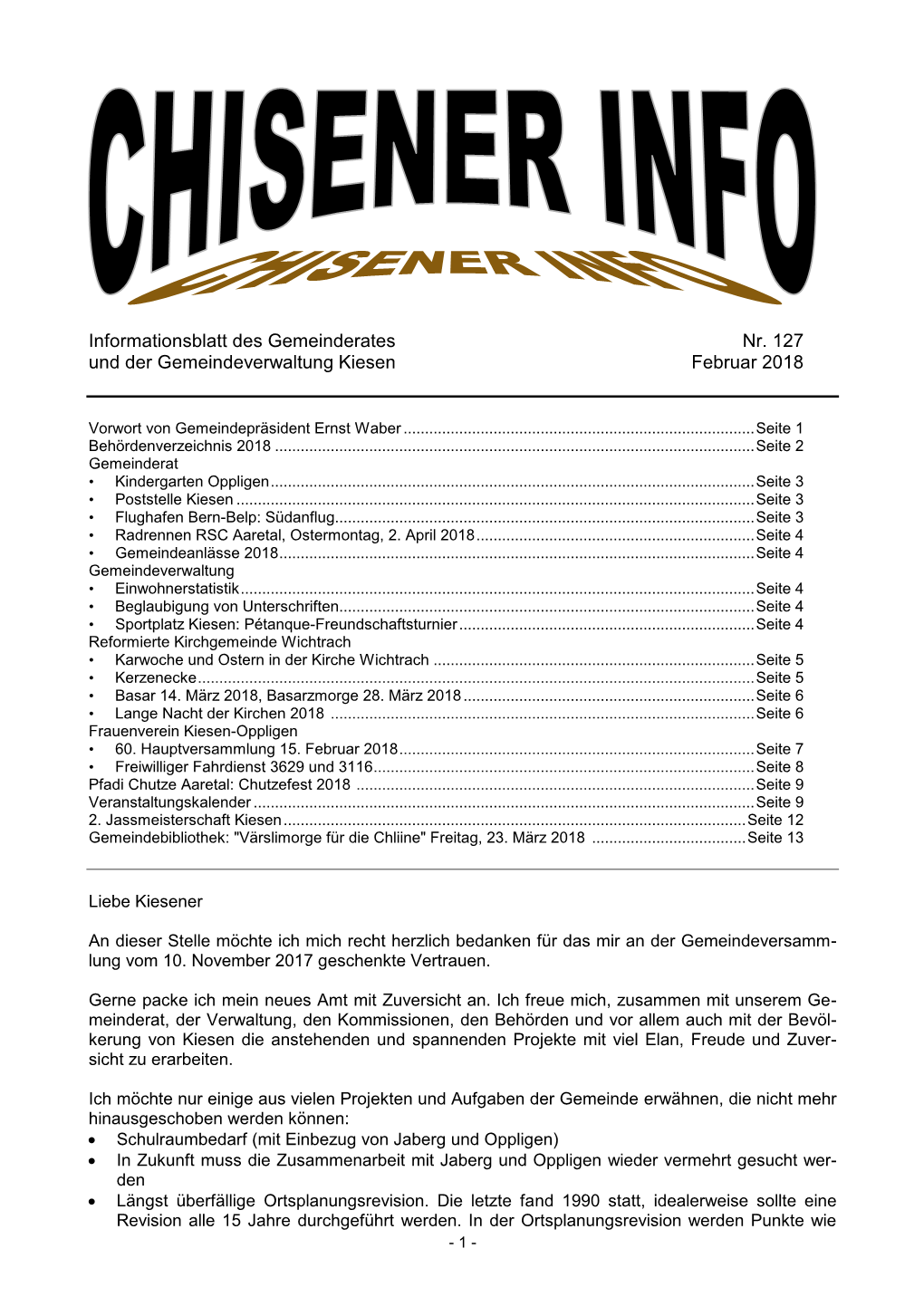 Informationsblatt Des Gemeinderates Nr. 127 Und Der Gemeindeverwaltung Kiesen Februar 2018