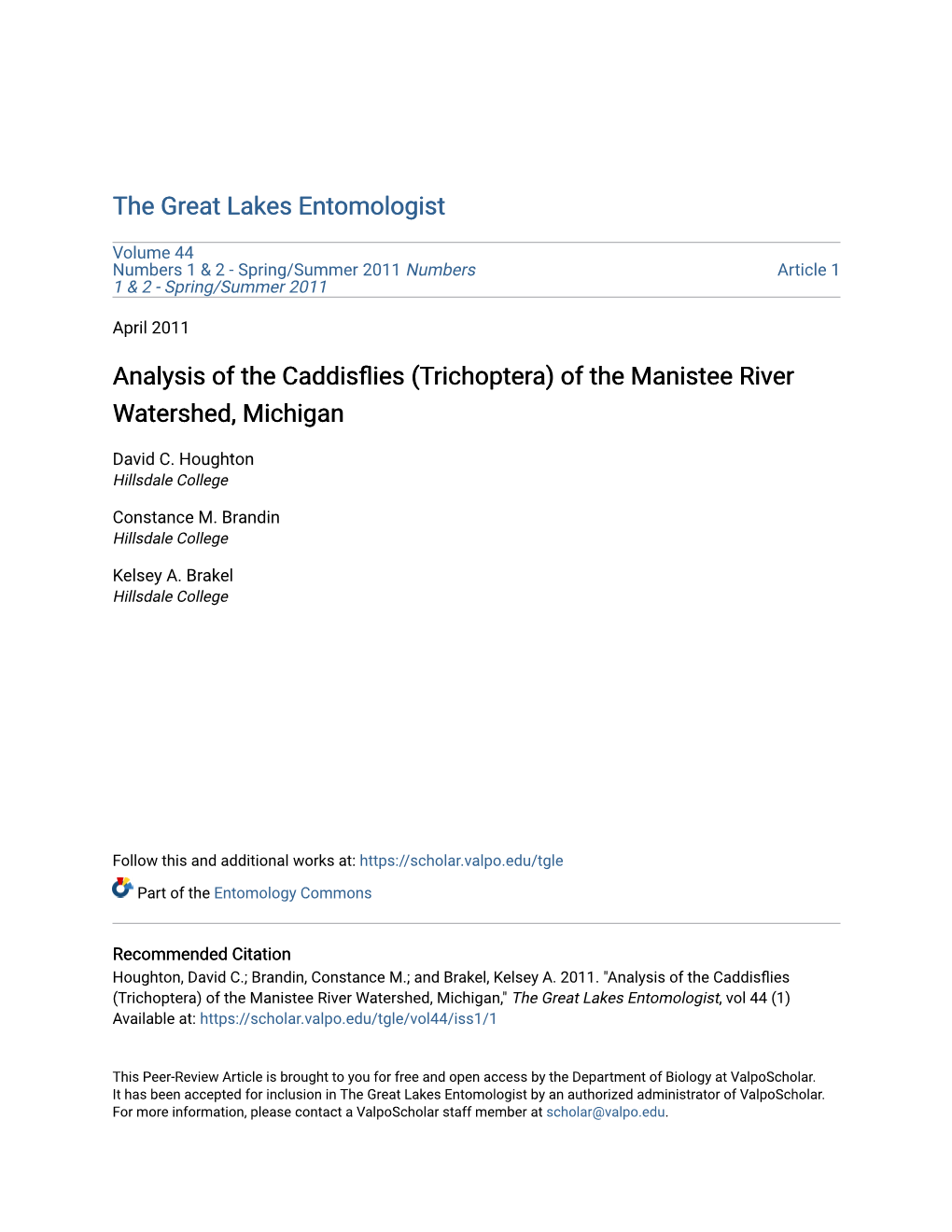 (Trichoptera) of the Manistee River Watershed, Michigan