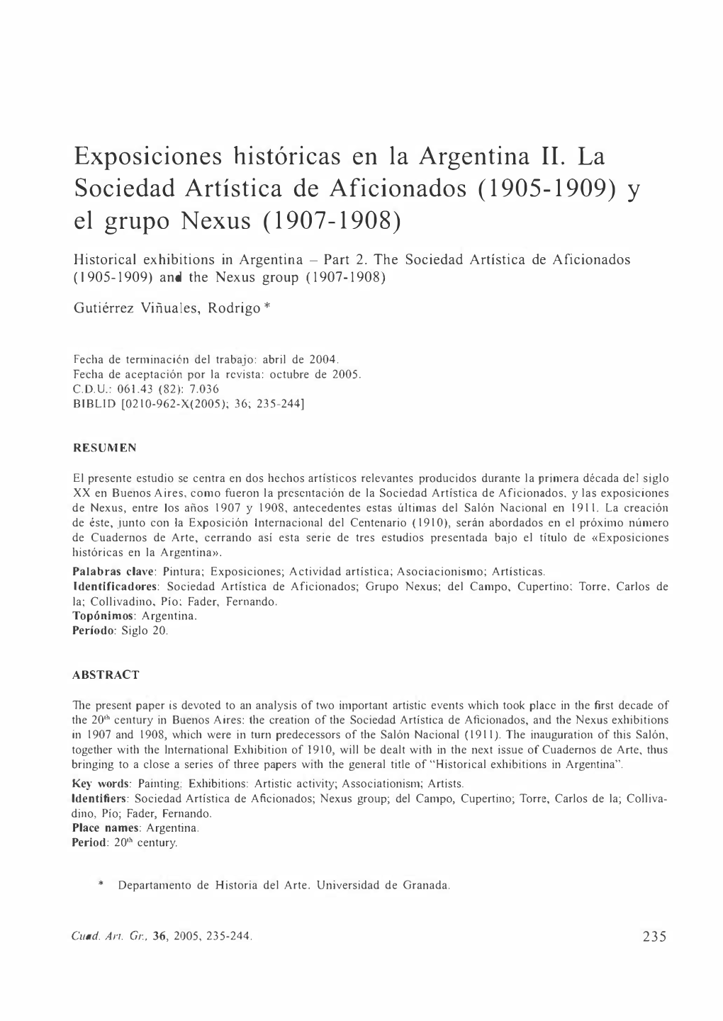 Exposiciones Históricas En La Argentina II. La Sociedad Artística De Aficionados (1905-1909) Y El Grupo Nexus (1907-1908)