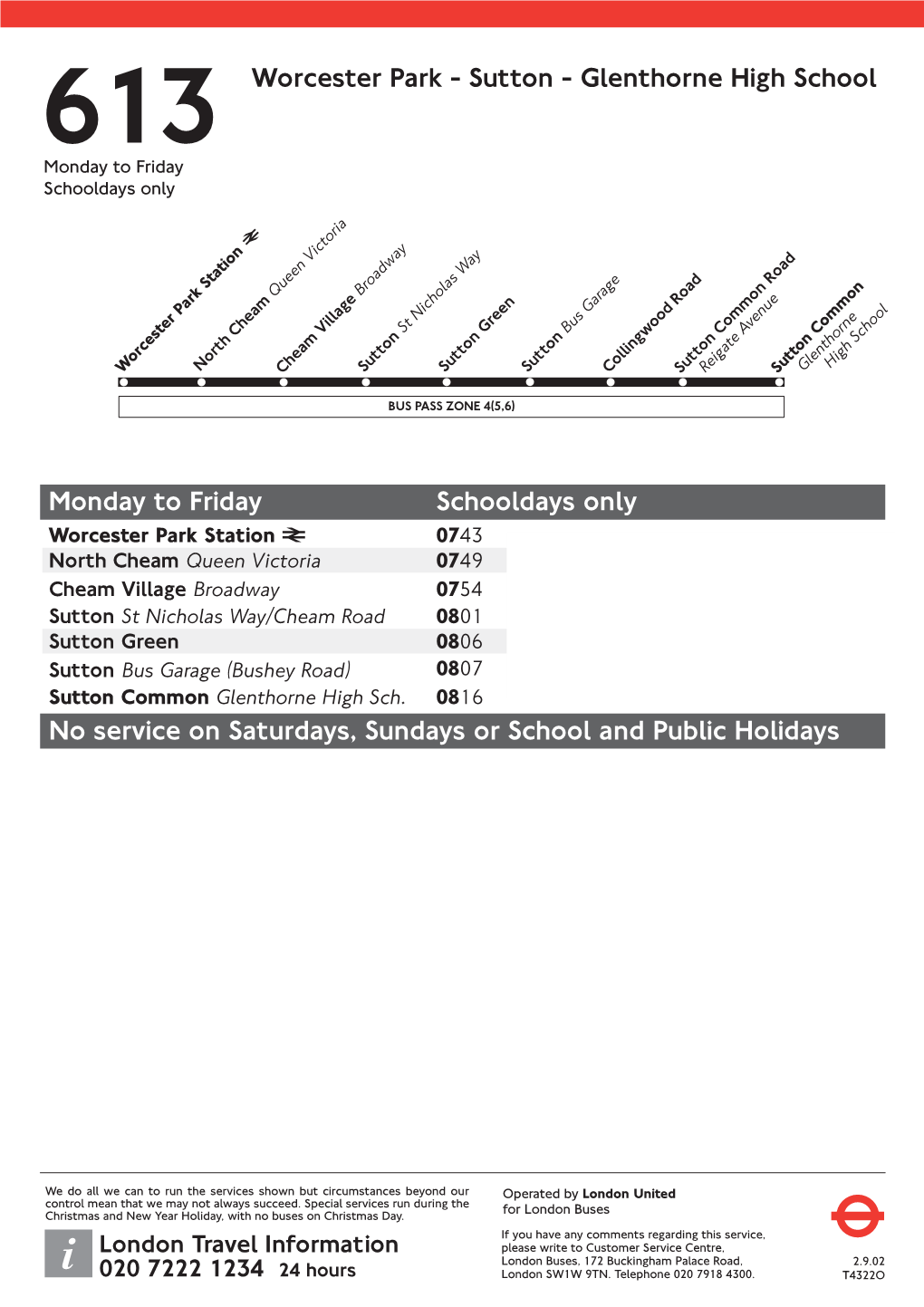 613 Worcester Park - Sutton - Glenthorne High School Monday to Friday Schooldays Only