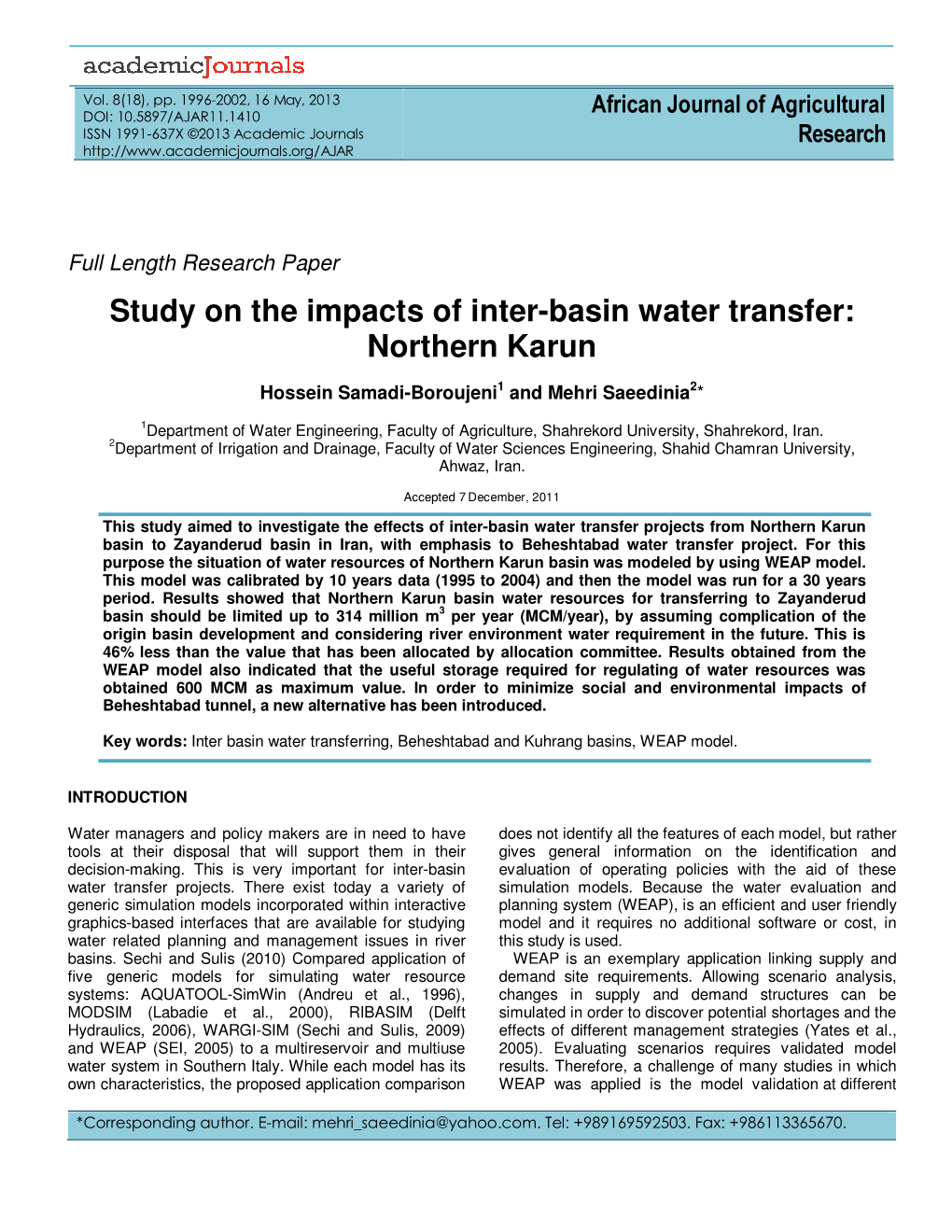 Study on the Impacts of Inter-Basin Water Transfer: Northern Karun