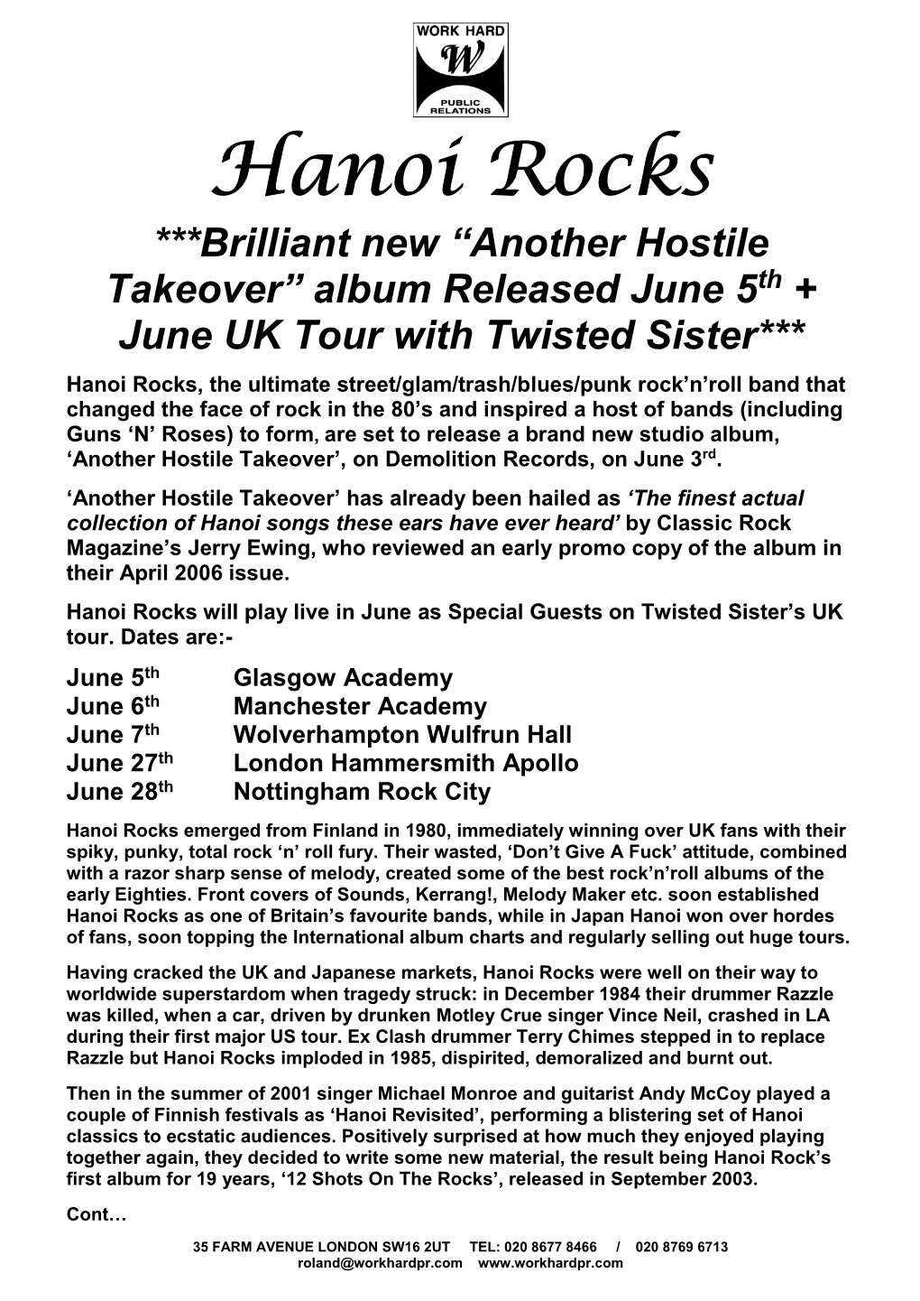 Hanoi Rocks ***Brilliant New “Another Hostile Takeover” Album Released June 5Th + June UK Tour with Twisted Sister***