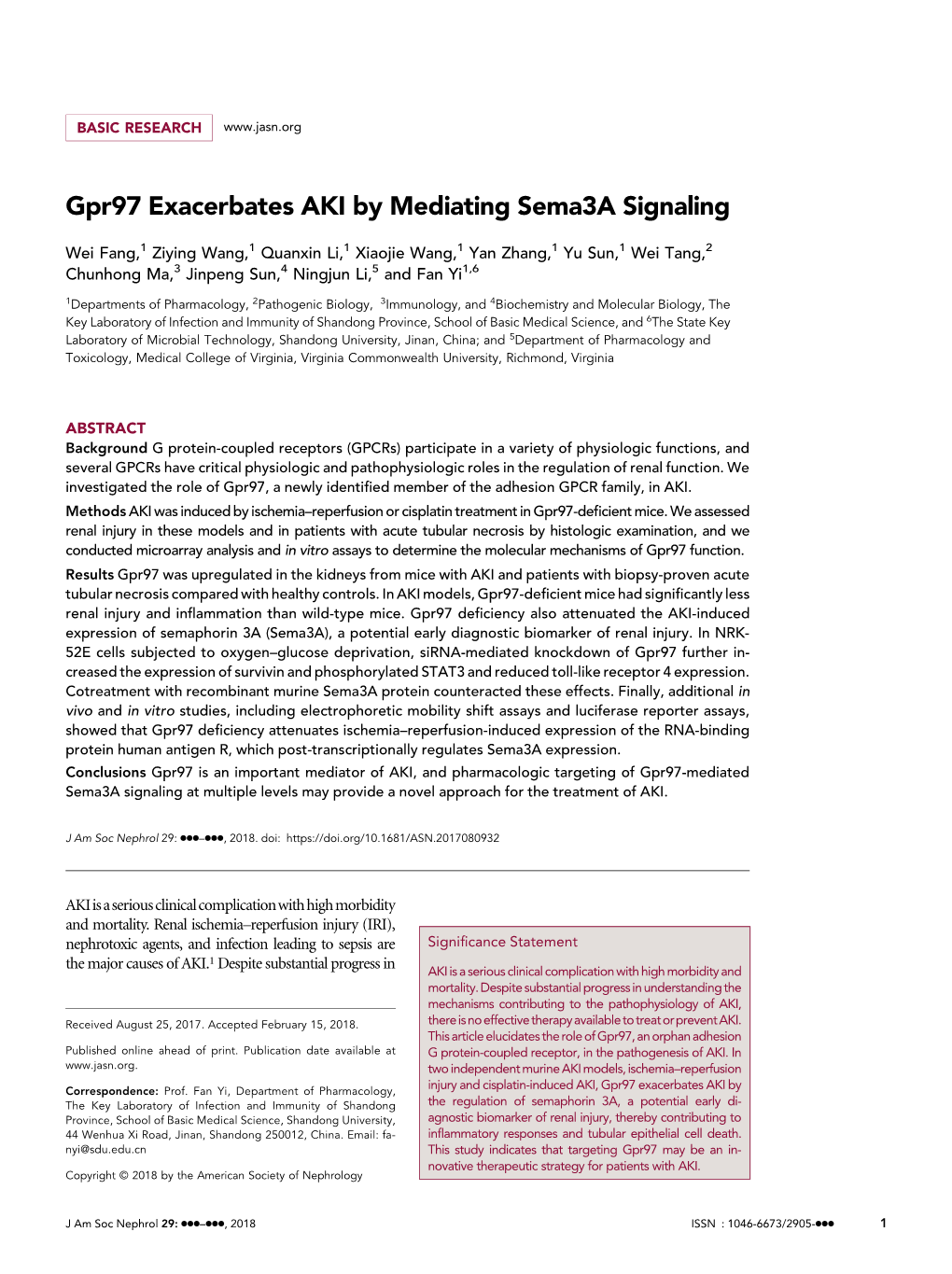 Gpr97 Exacerbates AKI by Mediating Sema3a Signaling