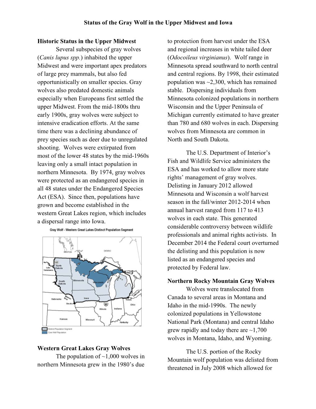 Status of the Gray Wolf in the Upper Midwest and Iowa Historic Status In