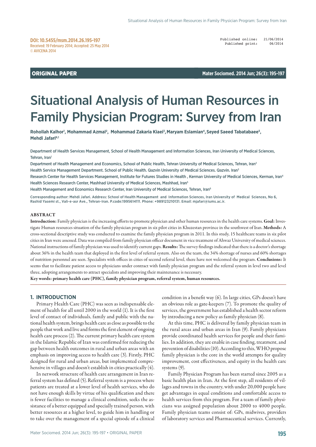 Situational Analysis of Human Resources in Family Physician Program: Survey from Iran