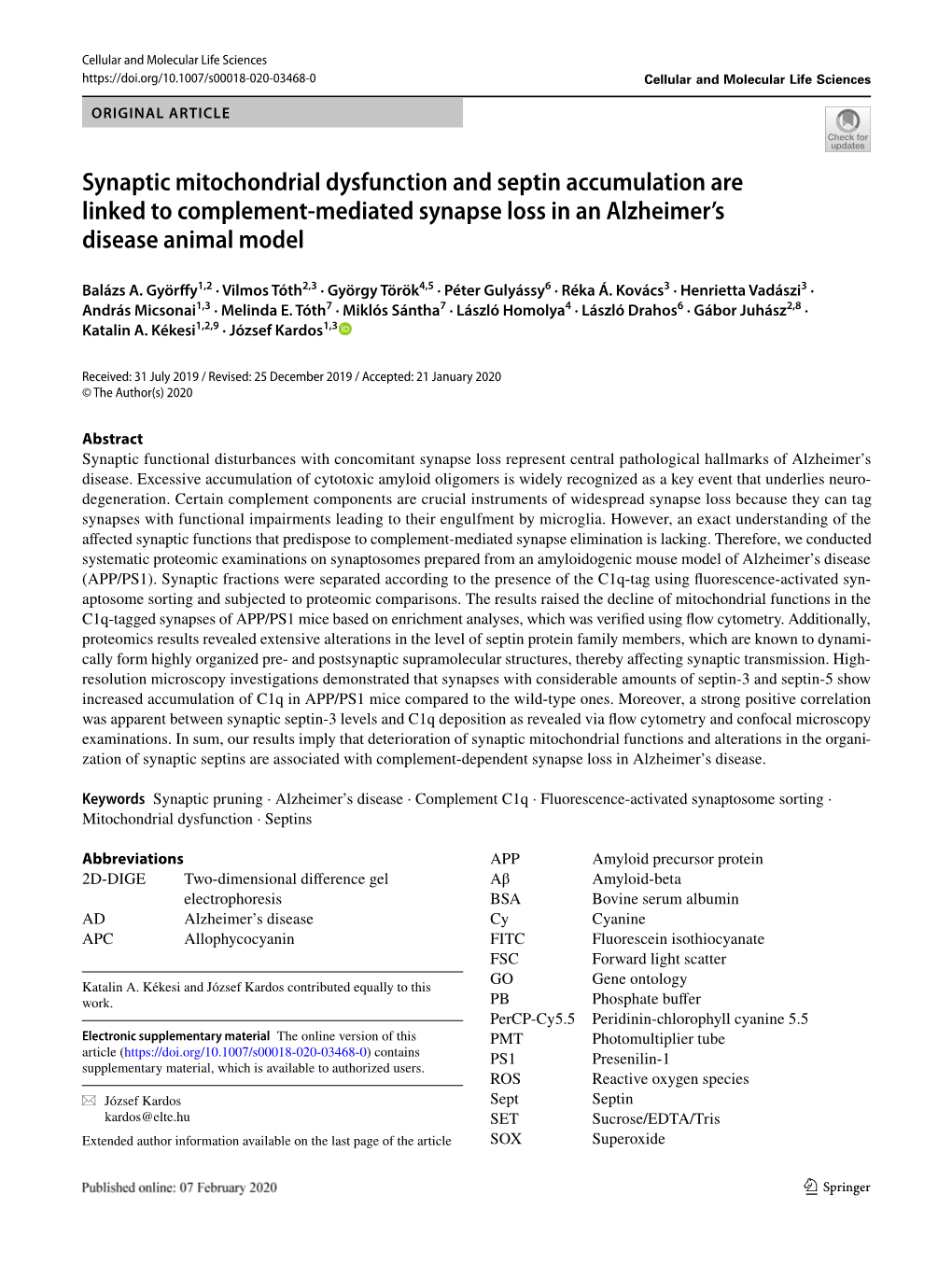 Synaptic Mitochondrial Dysfunction and Septin Accumulation Are Linked to Complement-Mediated Synapse Loss in an Alzheimer's Di