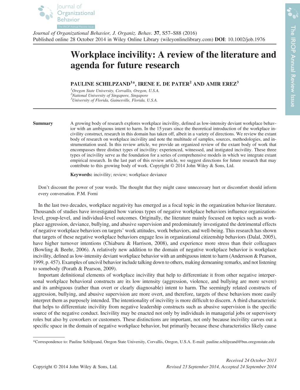 Workplace Incivility: a Review of the Literature and Agenda for Future Research