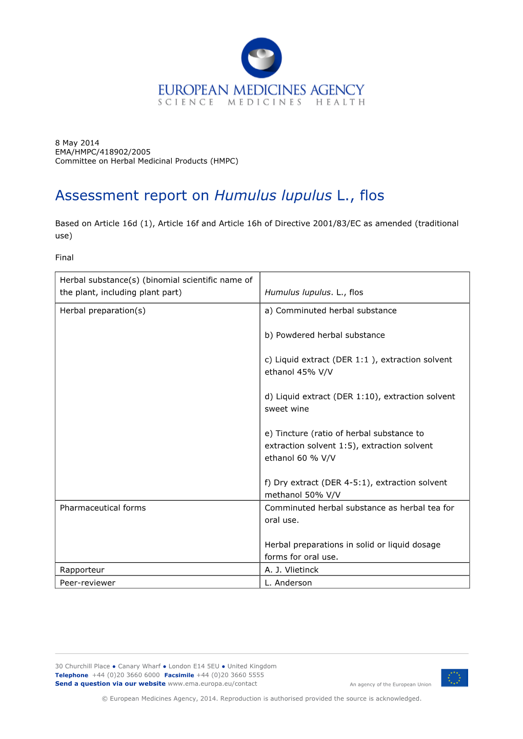 Assessment Report on Humulus Lupulus L., Flos