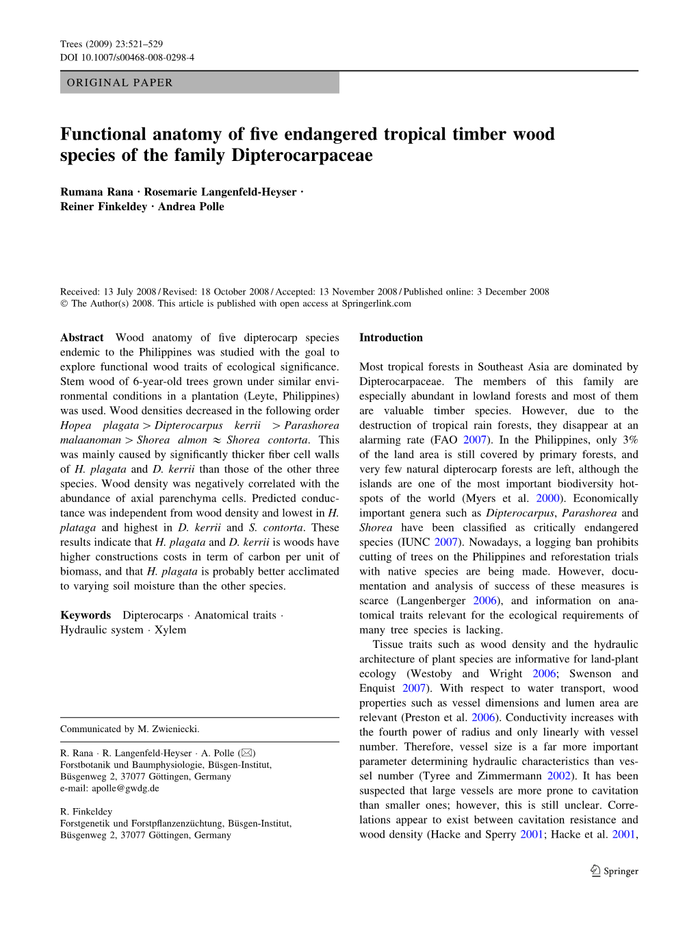 Functional Anatomy of Five Endangered Tropical Timber