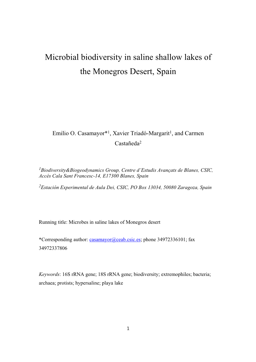 Microbial Biodiversity in Saline Shallow Lakes of the Monegros Desert, Spain