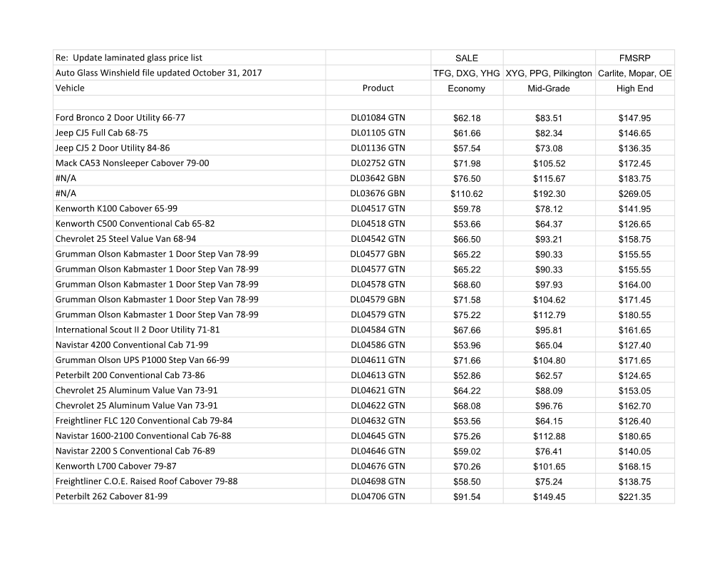 Re: Update Laminated Glass Price List Auto Glass Winshield File Updated October 31, 2017 Vehicle Product Ford Bronco 2 Door