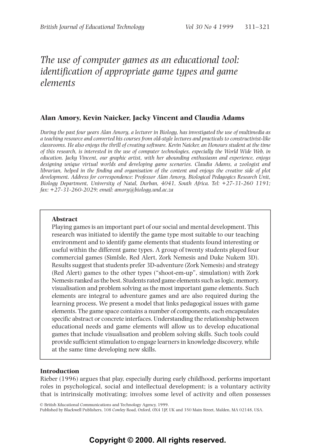 The Use of Computer Games As an Educational Tool: Identification of Appropriate Game Types and Game Elements