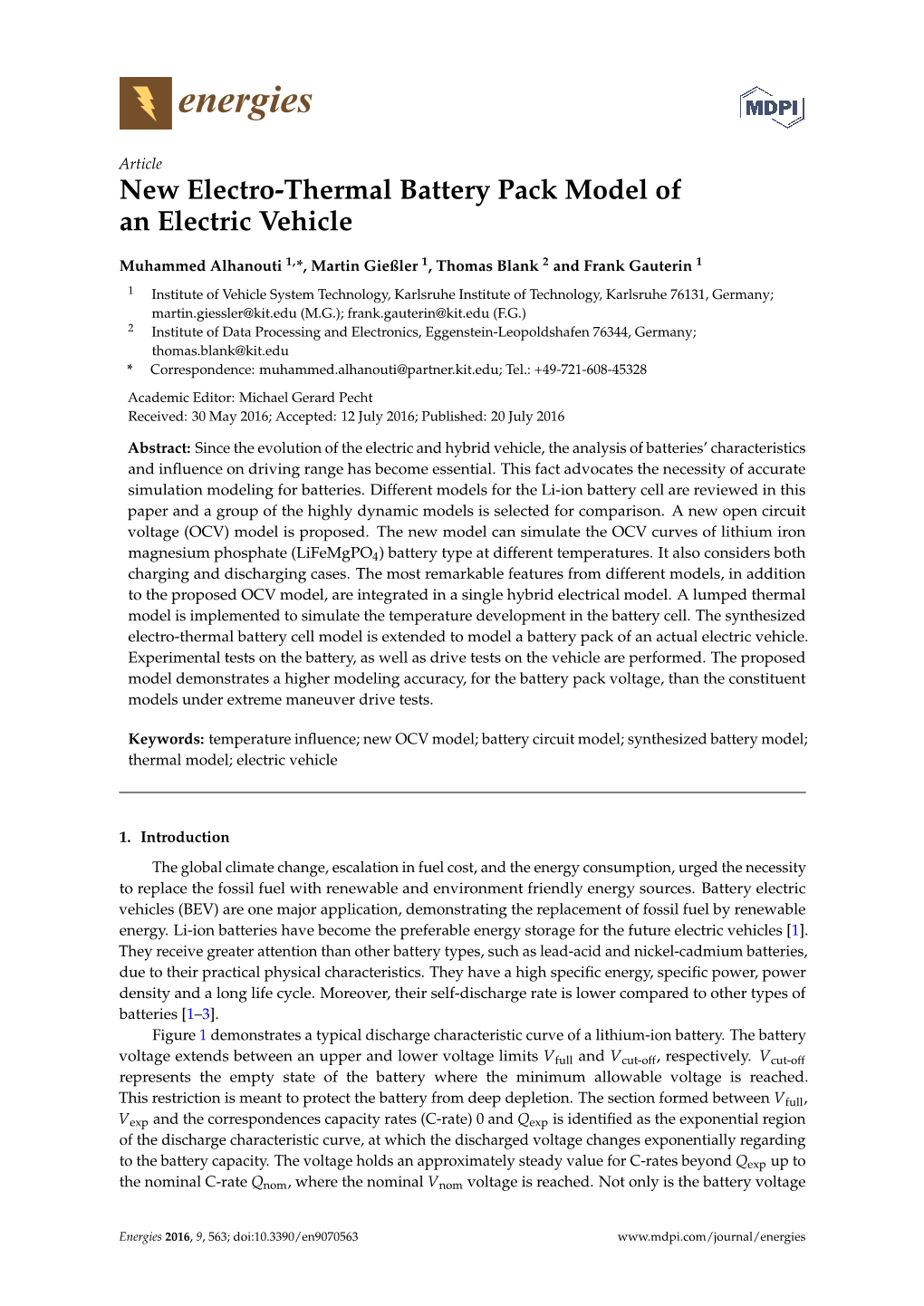 New Electro-Thermal Battery Pack Model of an Electric Vehicle