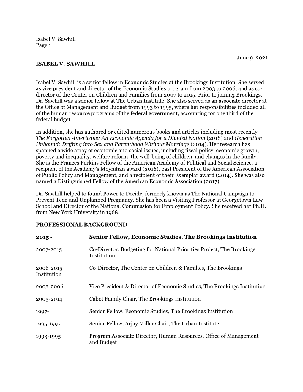 Isabel V. Sawhill's CV