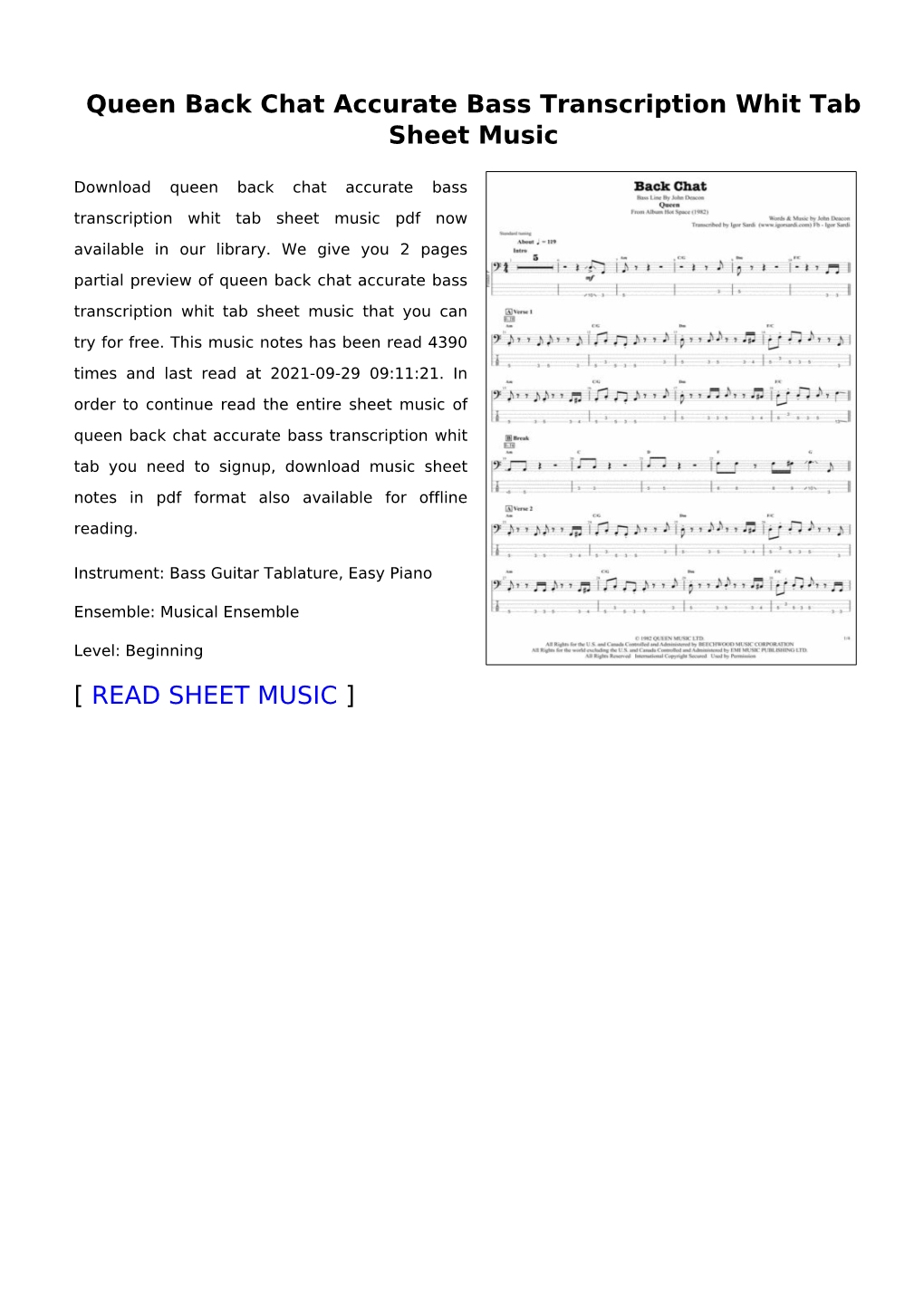 Queen Back Chat Accurate Bass Transcription Whit Tab Sheet Music