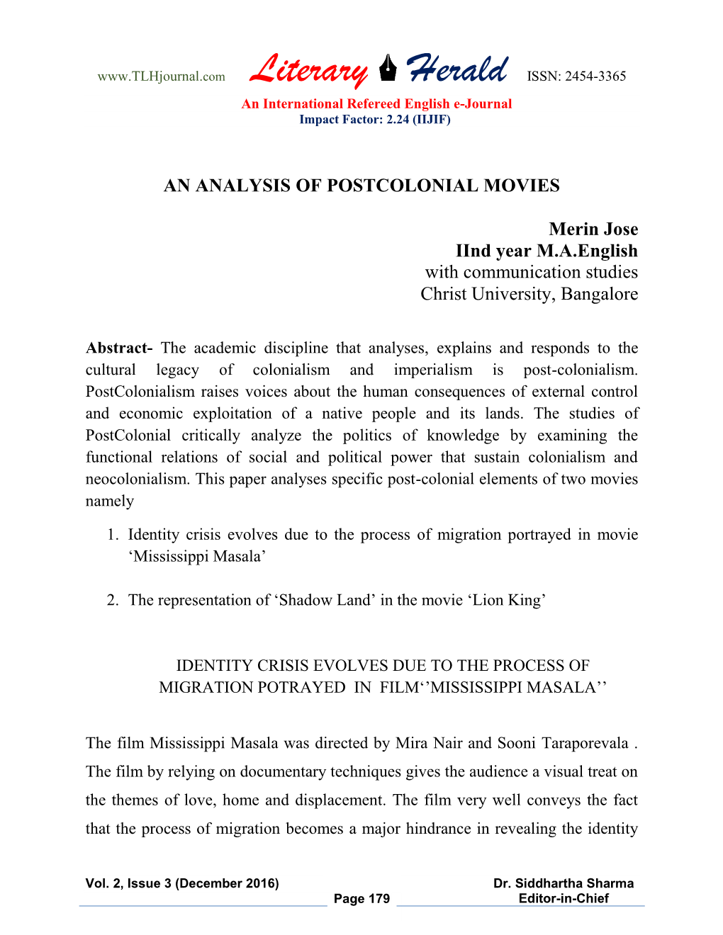 AN ANALYSIS of POSTCOLONIAL MOVIES Merin Jose Iind Year M.A