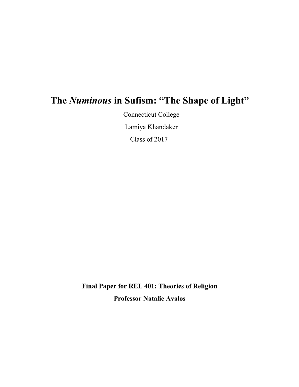 The Numinous in Sufism: “The Shape of Light” Connecticut College Lamiya Khandaker Class of 2017