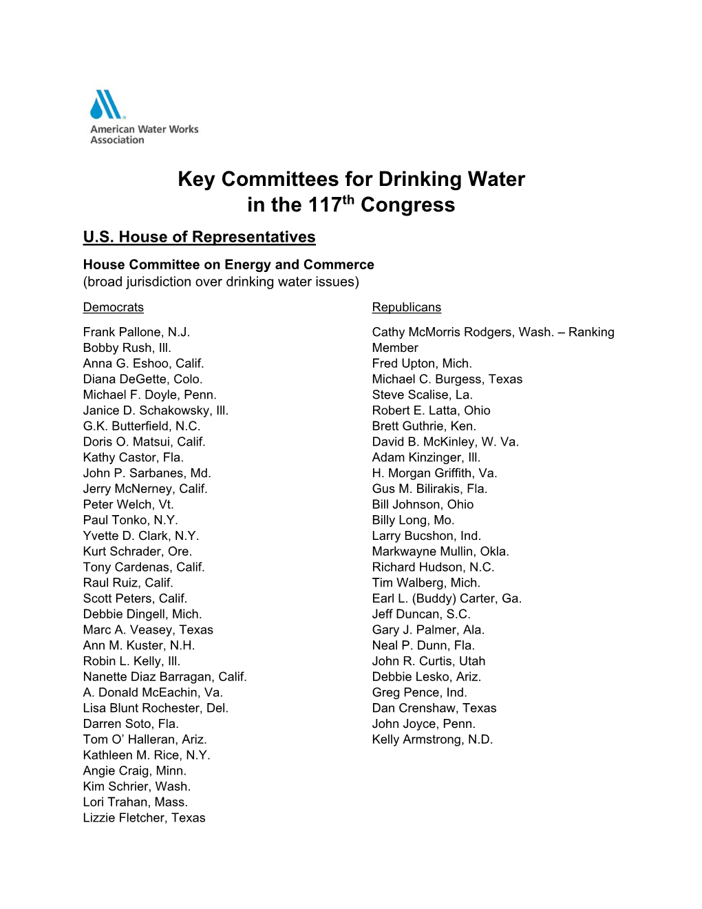 Key Committees for Drinking Water in the 117Th Congress U.S