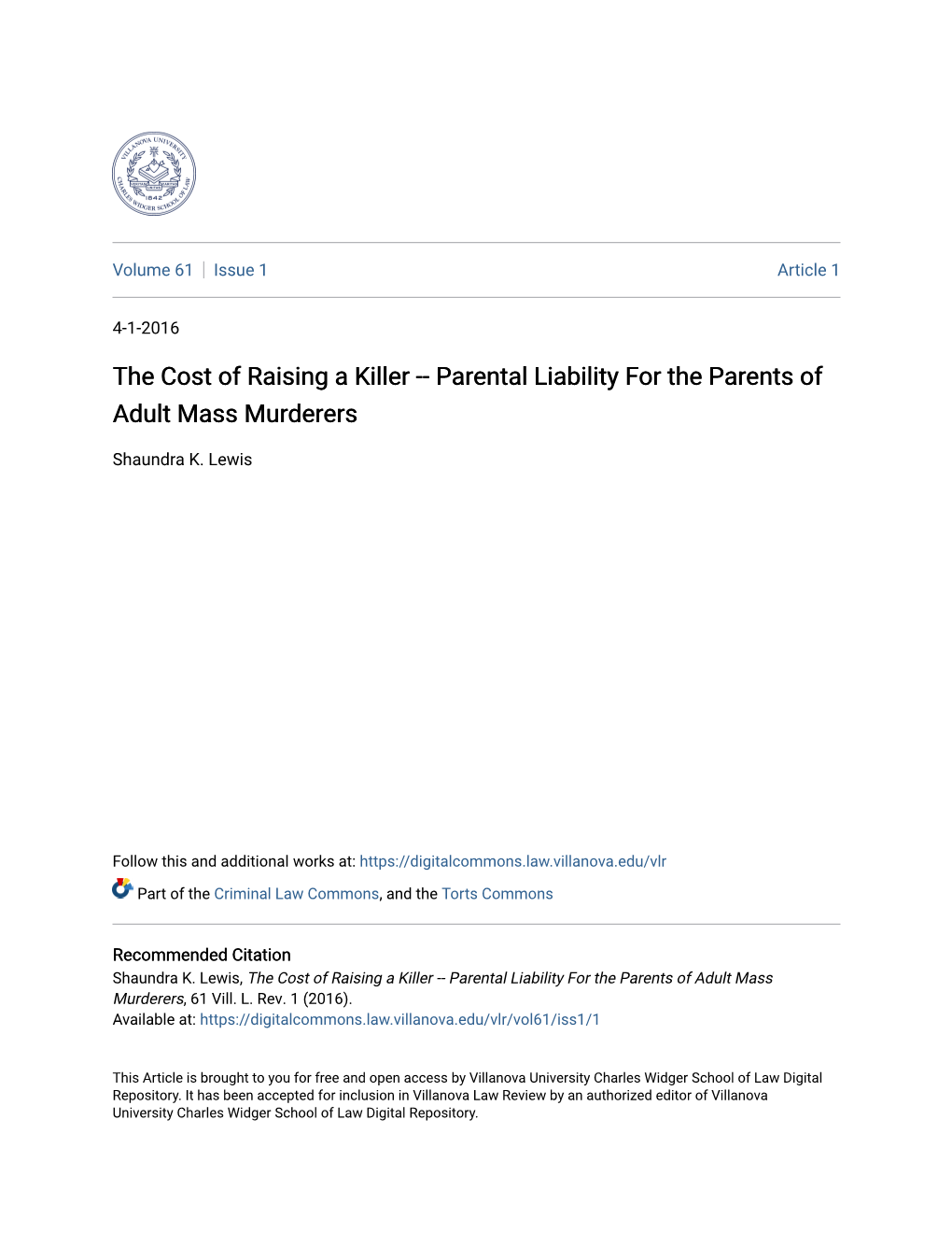 Parental Liability for the Parents of Adult Mass Murderers