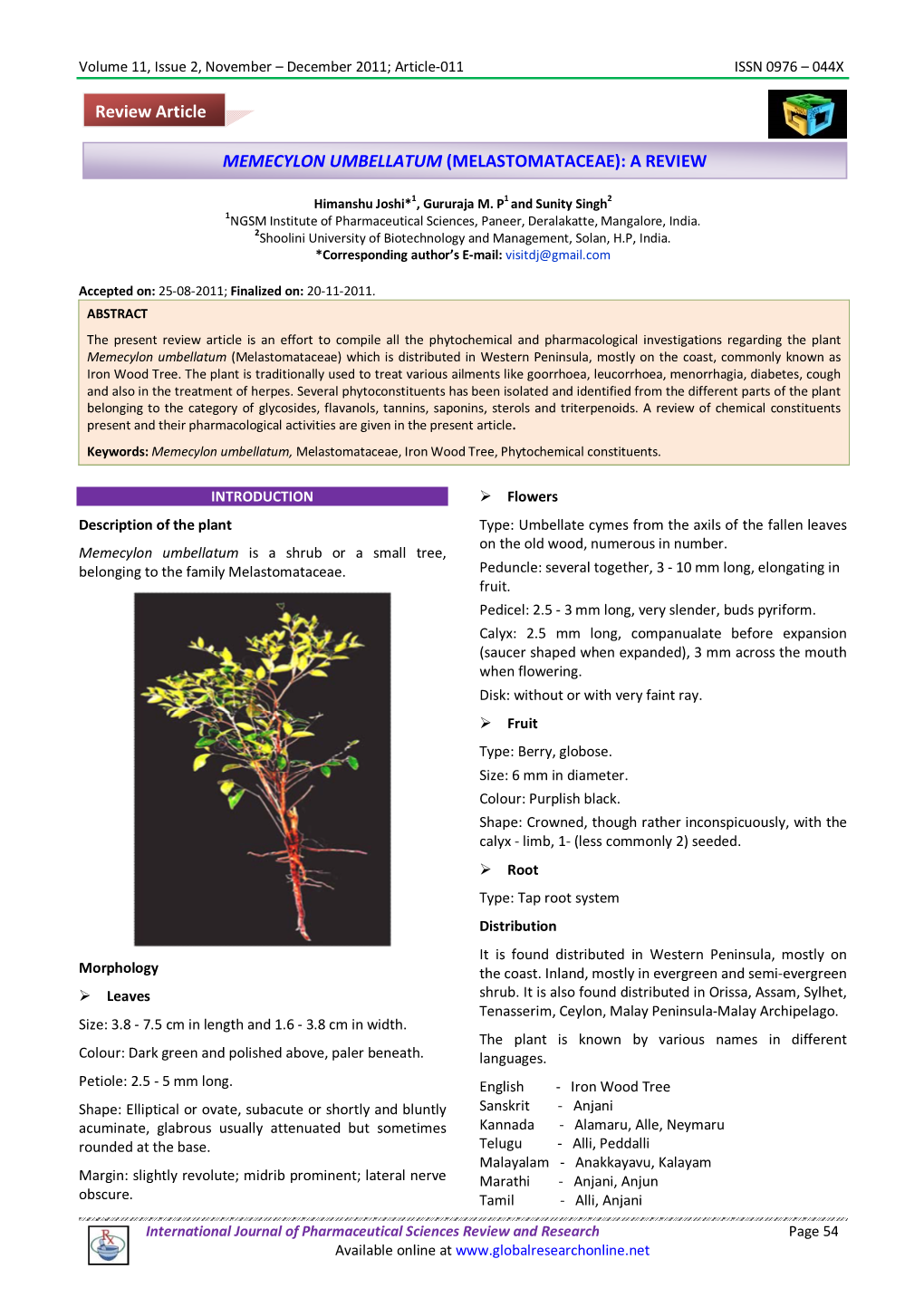Memecylon Umbellatum (Melastomataceae ): a Review