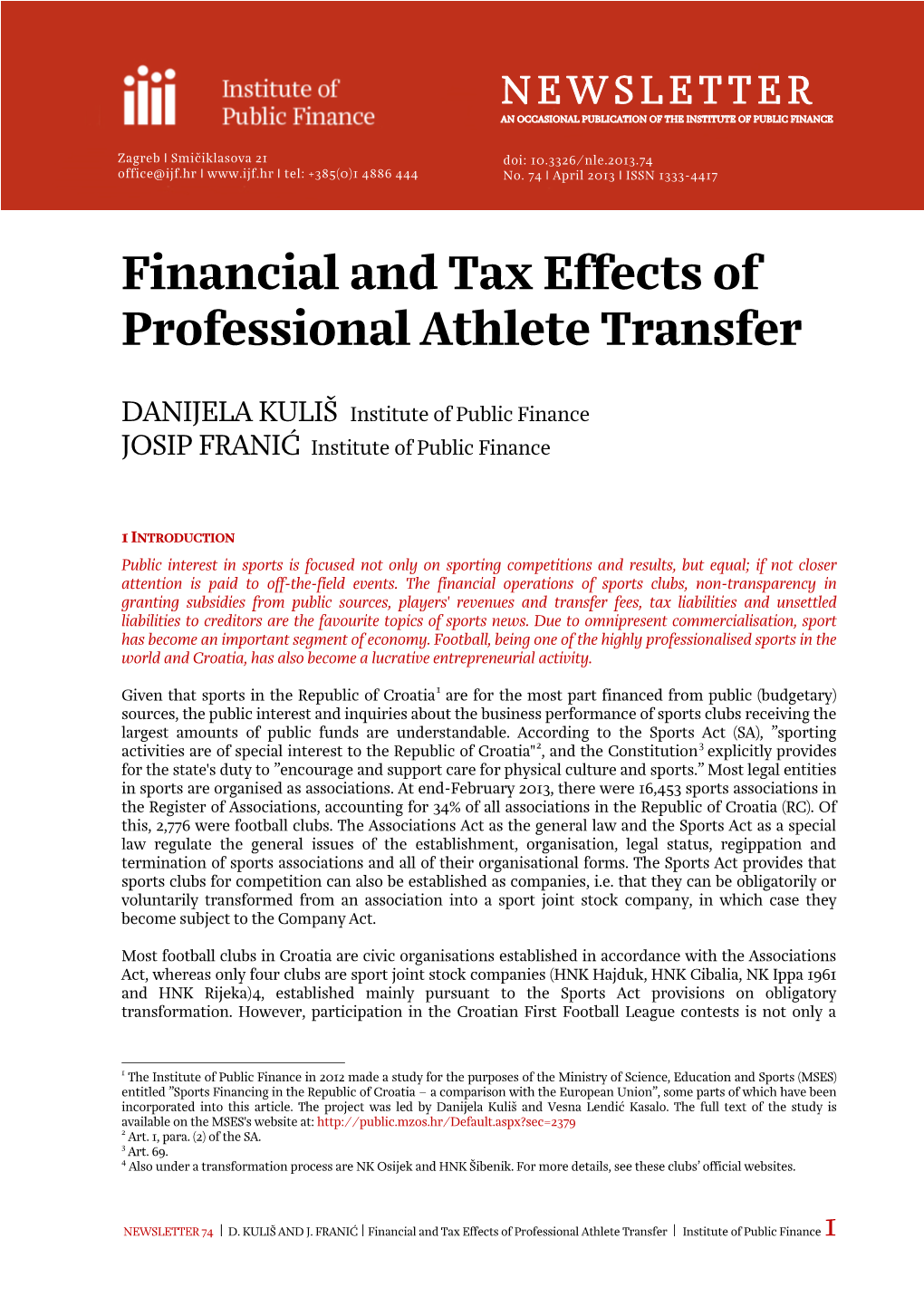 Financial and Tax Effects of Professional Athlete Transfer