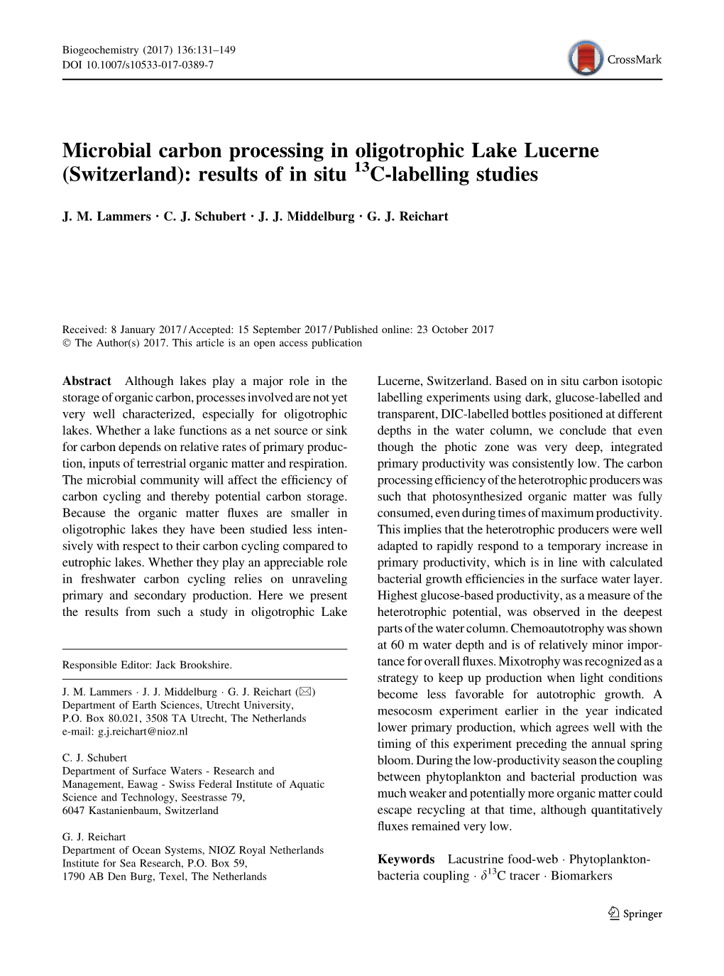 Microbial Carbon Processing in Oligotrophic Lake Lucerne (Switzerland): Results of in Situ 13C-Labelling Studies