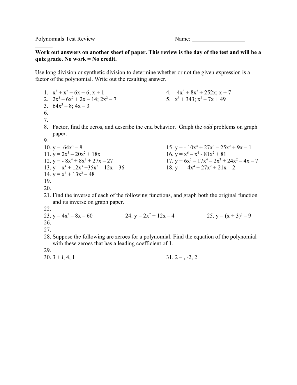 Polynomials Test Review Name