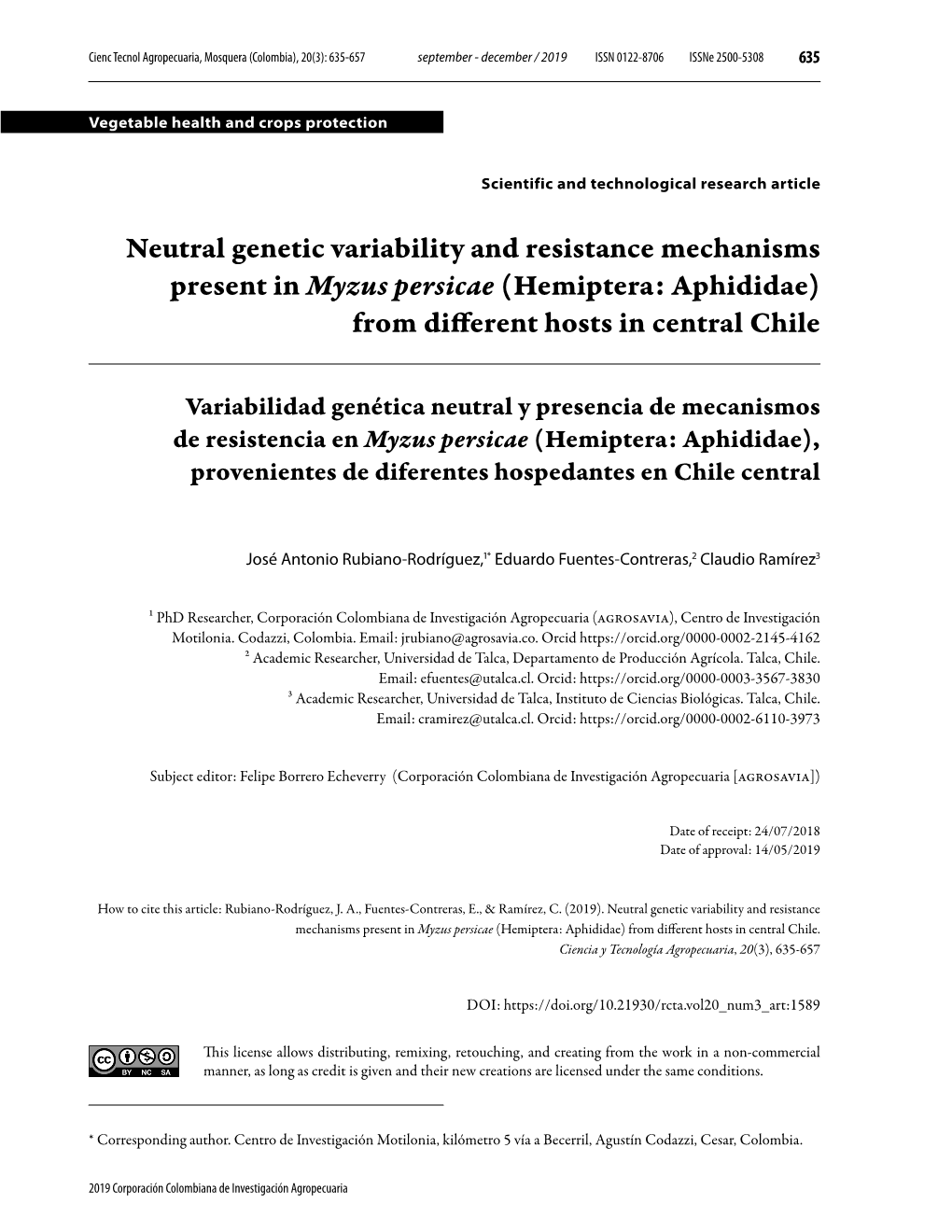 Myzus Persicae (Hemiptera: Aphididae) from Different Hosts in Central Chile