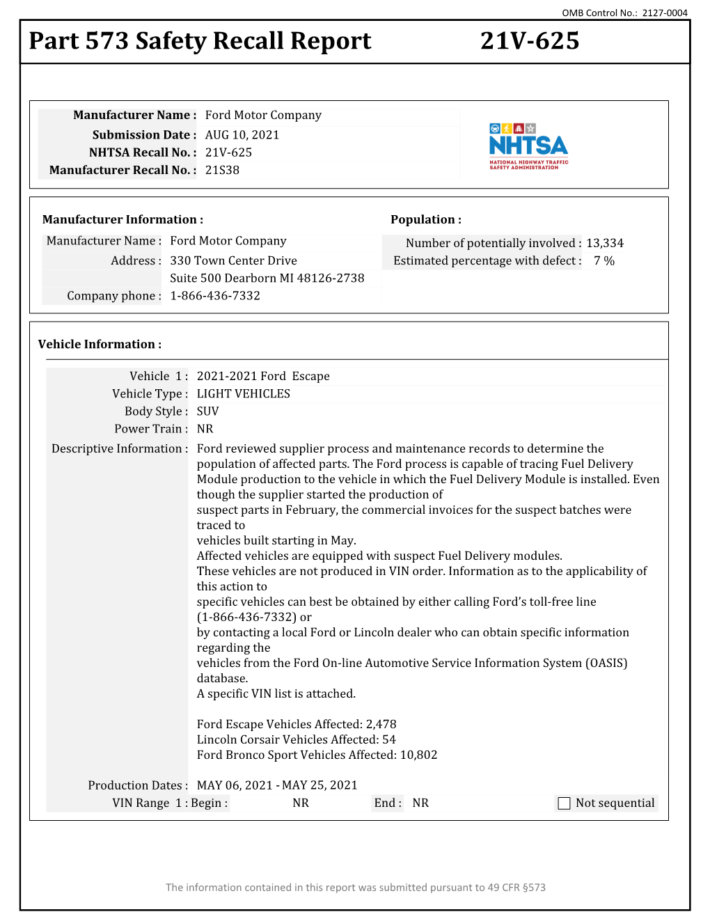 Part 573 Safety Recall Report 21V-625