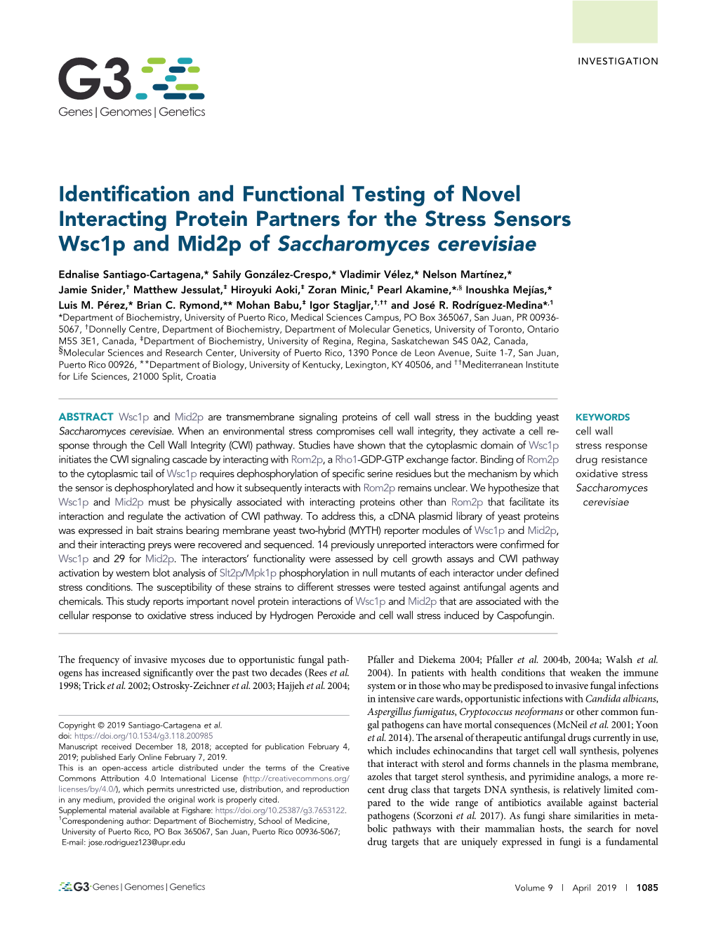 Identification and Functional Testing of Novel Interacting Protein Partners for the Stress Sensors Wsc1p and Mid2p of Saccharomy