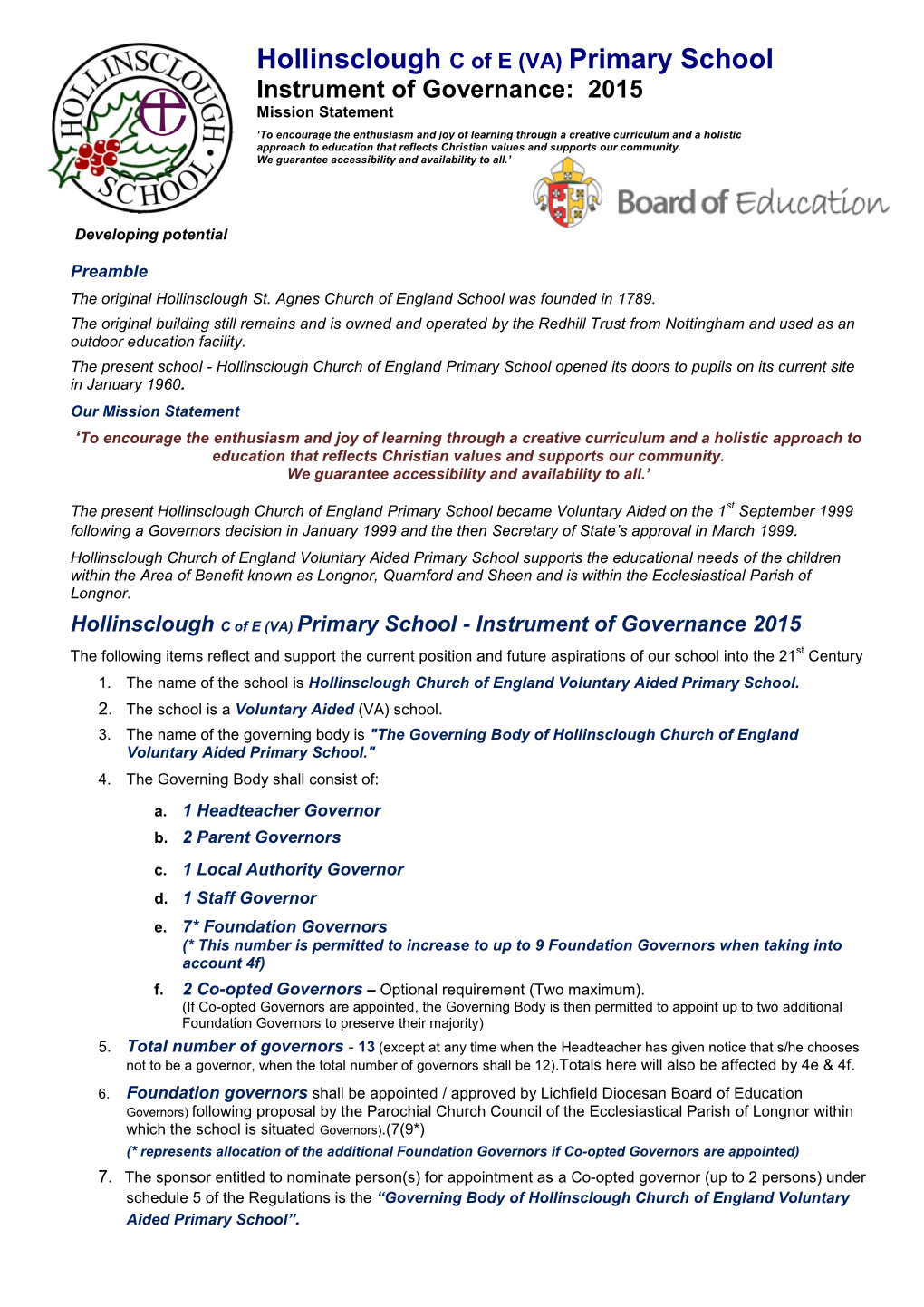 Hollinsclough C of E (VA) Primary School Instrument of Governance: 2015 Mission Statement