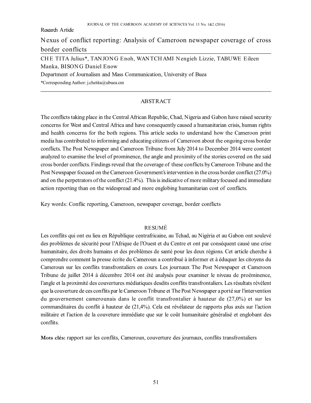 Analysis of Cameroon Newspaper Coverage of Cross Border Conflicts