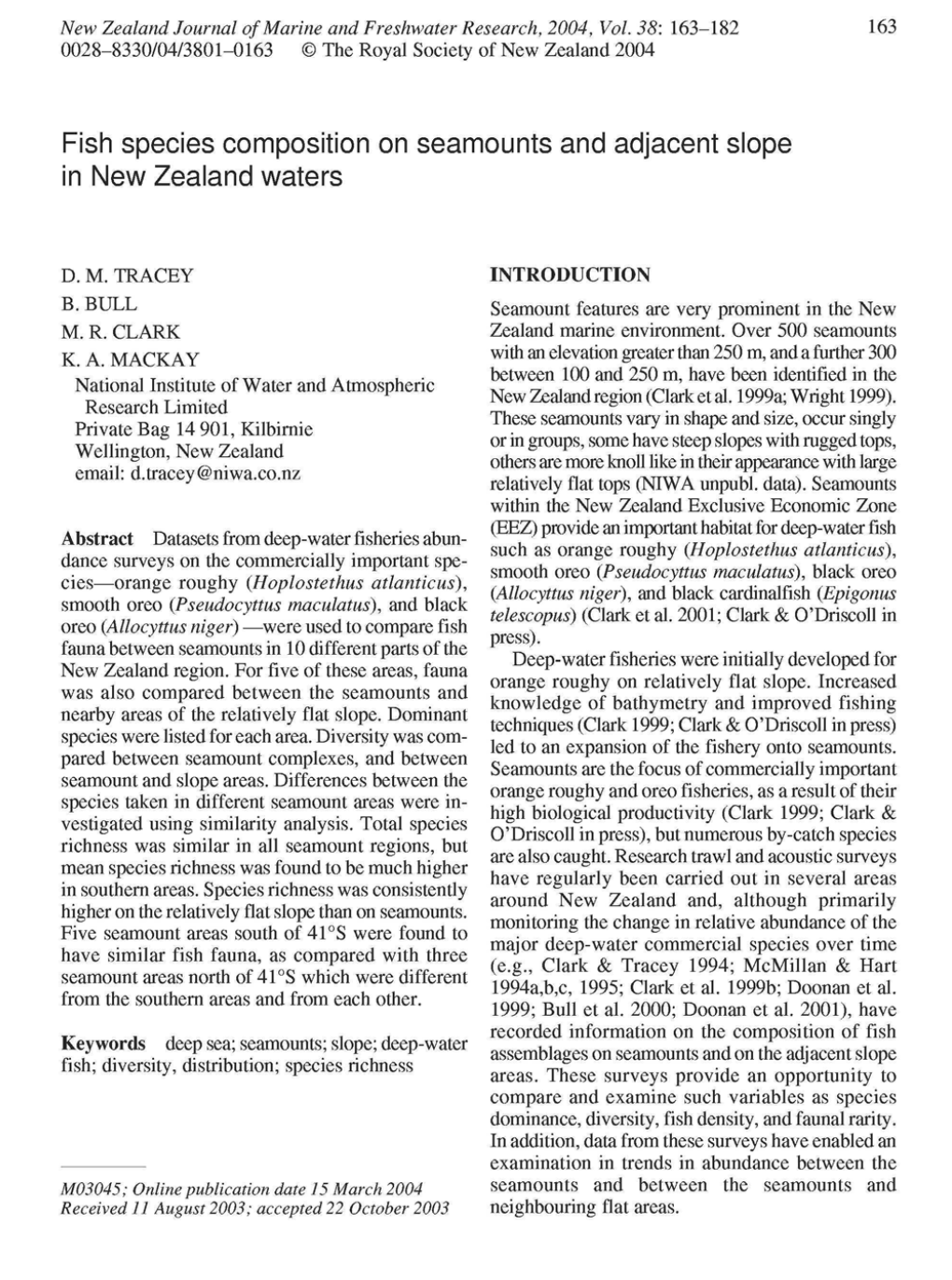 Fish Species Composition on Seamounts and Adjacent Slope in New Zealand Waters
