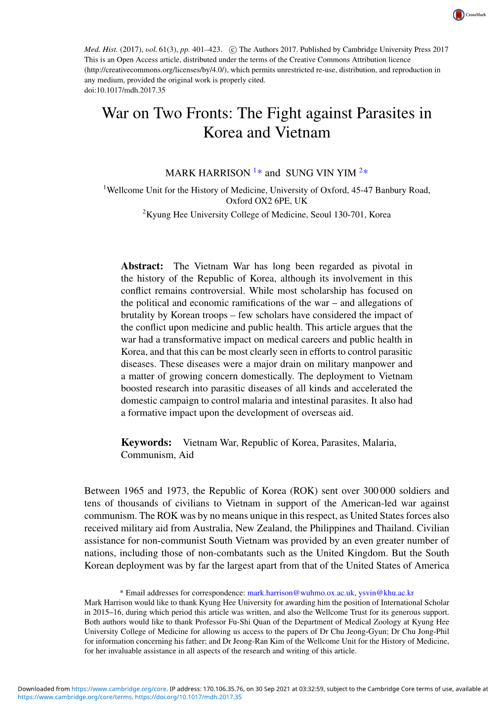 War on Two Fronts: the Fight Against Parasites in Korea and Vietnam