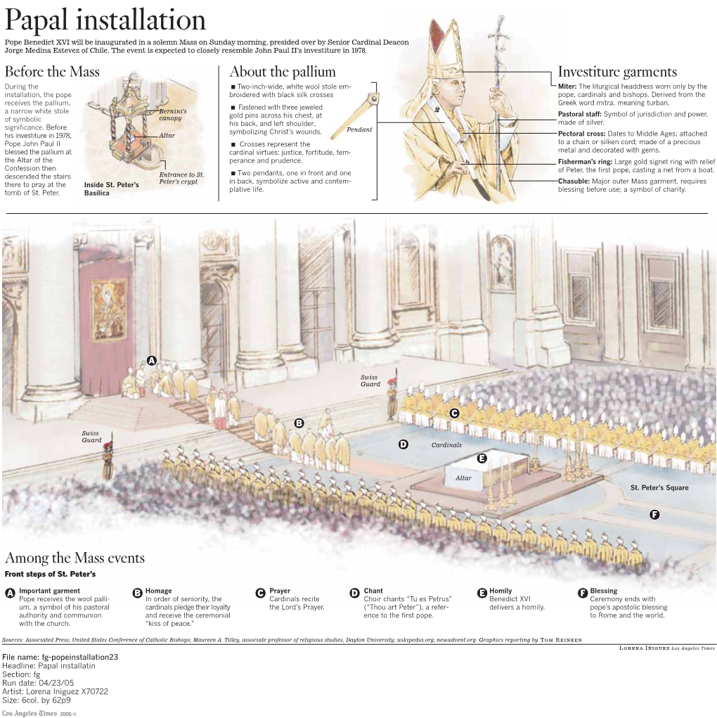 Papal Installation Pope Benedict XVI Will Be Inaugurated in a Solemn Mass on Sunday Morning, Presided Over by Senior Cardinal Deacon Jorge Medina Estevez of Chile