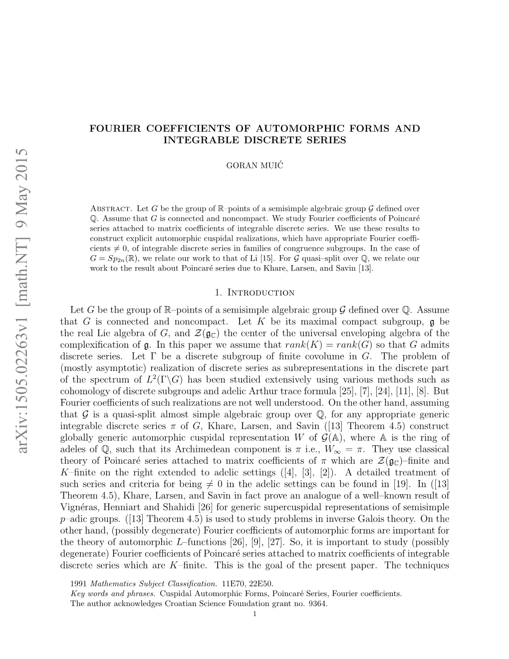 Fourier Coefficients of Automorphic Forms and Integrable Discrete Series