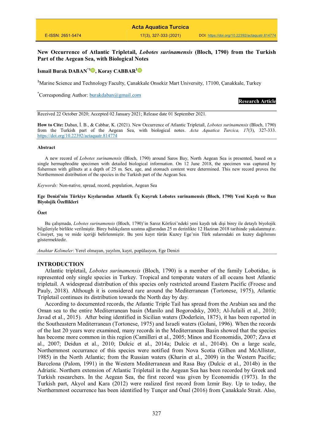 327 New Occurrence of Atlantic Tripletail, Lobotes