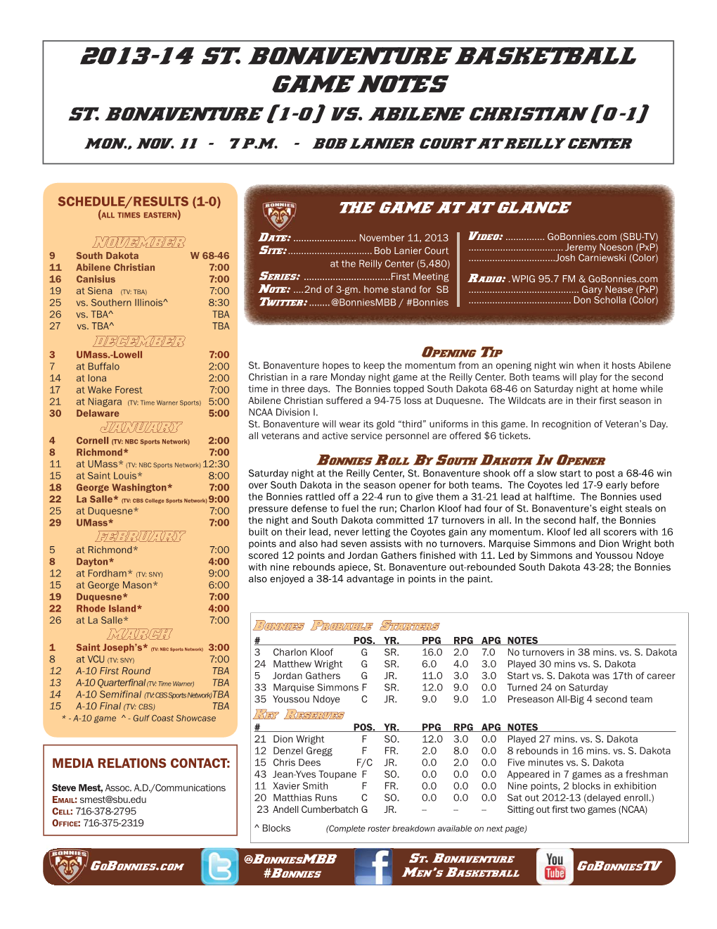 2013-14 St. Bonaventure Basketball Game Notes St