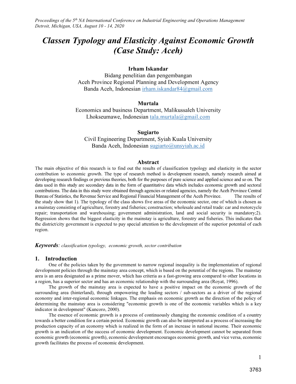 Classen Typology and Elasticity Against Economic Growth (Case Study: Aceh)