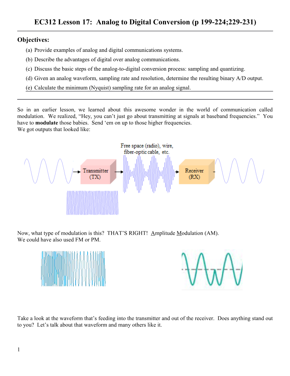 EC312 Lesson 17: Analog to Digital Conversion (P 199-224;229-231)