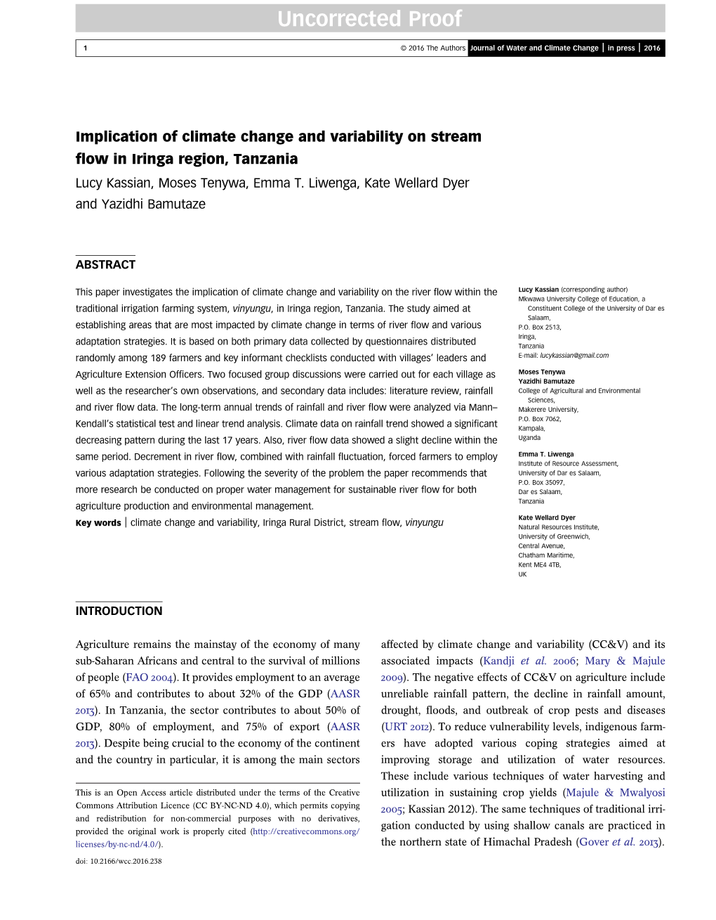 Implication of Climate Change and Variability on Stream Flow in Iringa