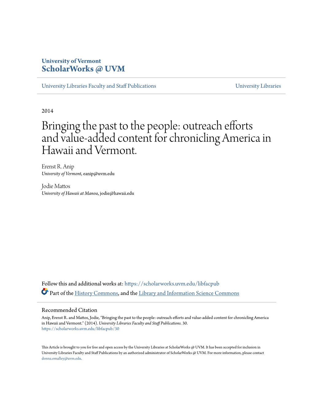 Outreach Efforts and Value-Added Content for Chronicling America in Hawaii and Vermont