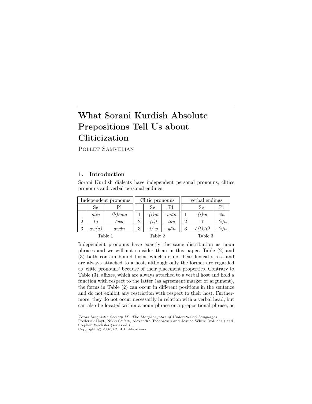 What Sorani Kurdish Absolute Prepositions Tell Us About Cliticization Pollet Samvelian