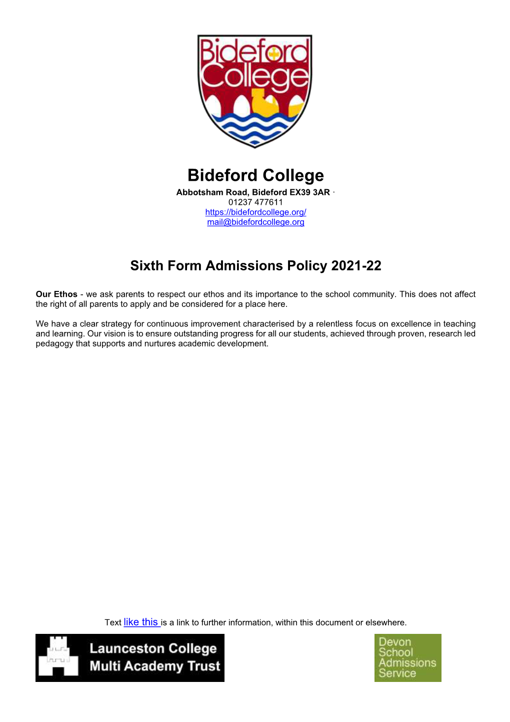 Bideford College Sixth Form Admissions Policy 2021