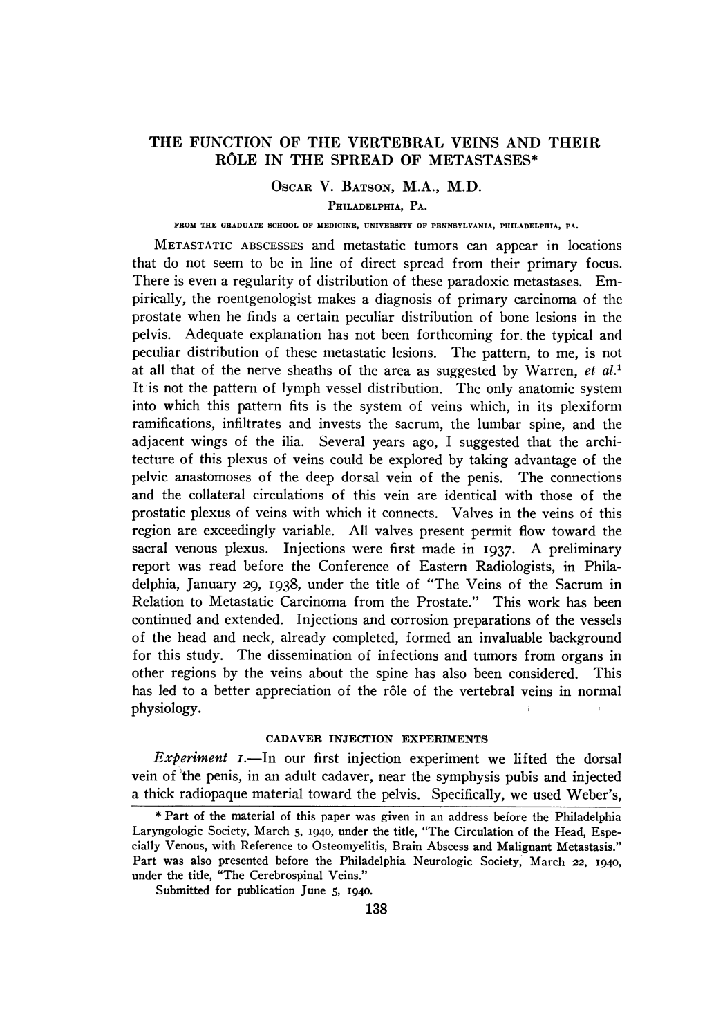 THE FUNCTION of the VERTEBRAL VEINS and THEIR Of